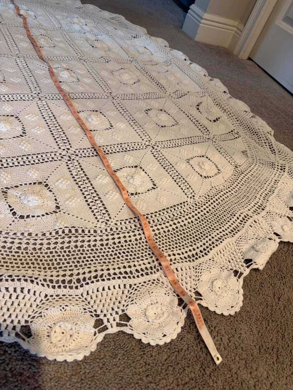 Beautiful Vintage Hand Crocheted Round Cream Tablecloth